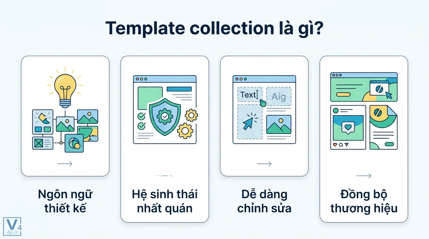 Template collection là gì? Giải pháp thiết kế đồng bộ hiệu quả 1 Template collection gồm ngôn ngữ thiết kế và hệ sinh thái nhất quán hỗ trợ người dùng dễ dàng chỉnh sửa để đảm bảo đồng bộ thương hiệu