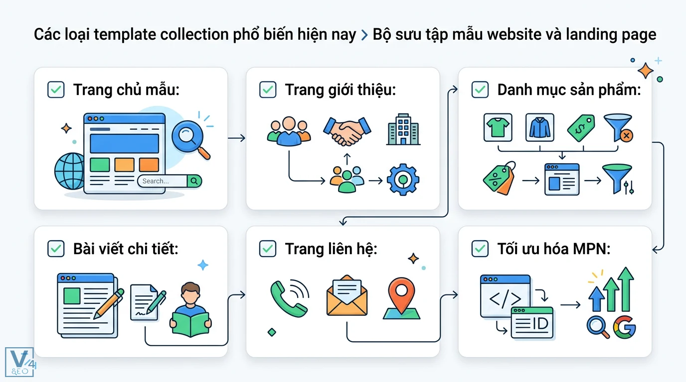 Template collection là gì? Giải pháp thiết kế đồng bộ hiệu quả 2 Bộ sưu tập mẫu website và landing page gồm trang chủ, sản phẩm, liên hệ và tối ưu hóa MPN giúp đồng bộ dữ liệu chuẩn SEO trên Google