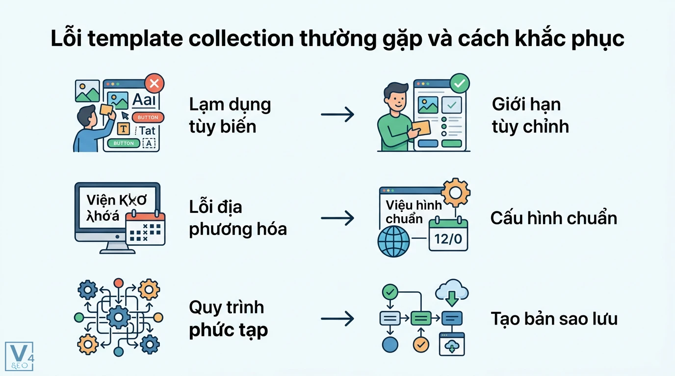Template collection là gì? Giải pháp thiết kế đồng bộ hiệu quả 3 Khắc phục lỗi template collection do lạm dụng tùy biến và địa phương hóa bằng cách giới hạn tùy chỉnh, cấu hình chuẩn và tạo bản sao lưu hệ thống