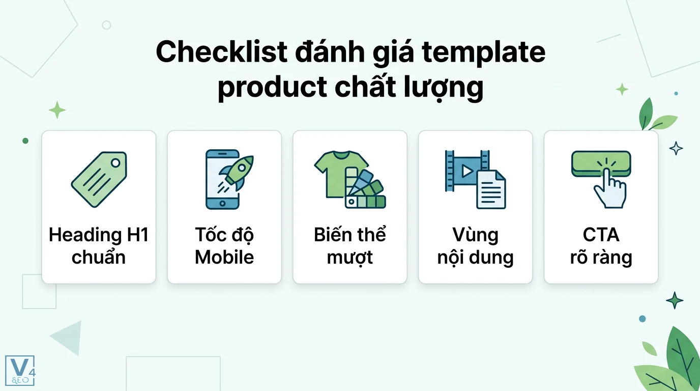 Template product là gì? Phân biệt chi tiết với Theme và Layout 3 Checklist đánh giá template product chất lượng gồm tiêu chí Heading H1 chuẩn, tốc độ Mobile, biến thể mượt, vùng nội dung và CTA rõ ràng