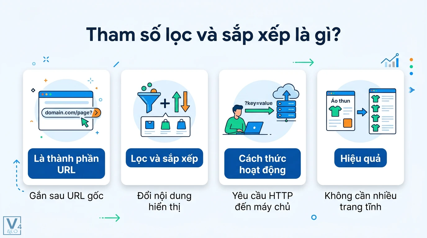 Tham số lọc/sắp xếp là gì? Hướng dẫn tối ưu URL cho SEO và API 1 Tham số lọc và sắp xếp là thành phần URL giúp thay đổi nội dung hiển thị qua yêu cầu HTTP đến máy chủ và giảm thiểu số lượng trang tĩnh