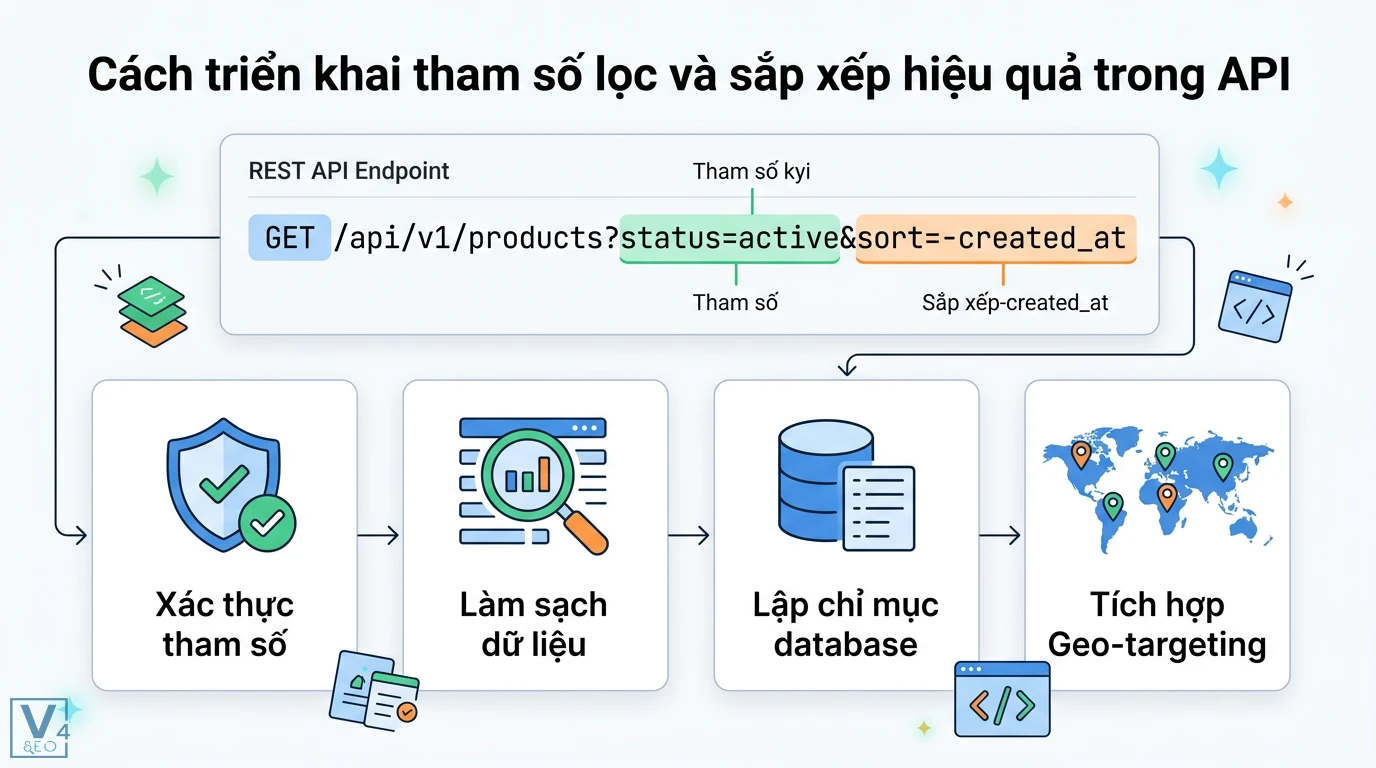 Tham số lọc/sắp xếp là gì? Hướng dẫn tối ưu URL cho SEO và API 2 Cách triển khai tham số lọc và sắp xếp trong REST API Endpoint qua bước xác thực, làm sạch dữ liệu, lập chỉ mục database và geo-targeting
