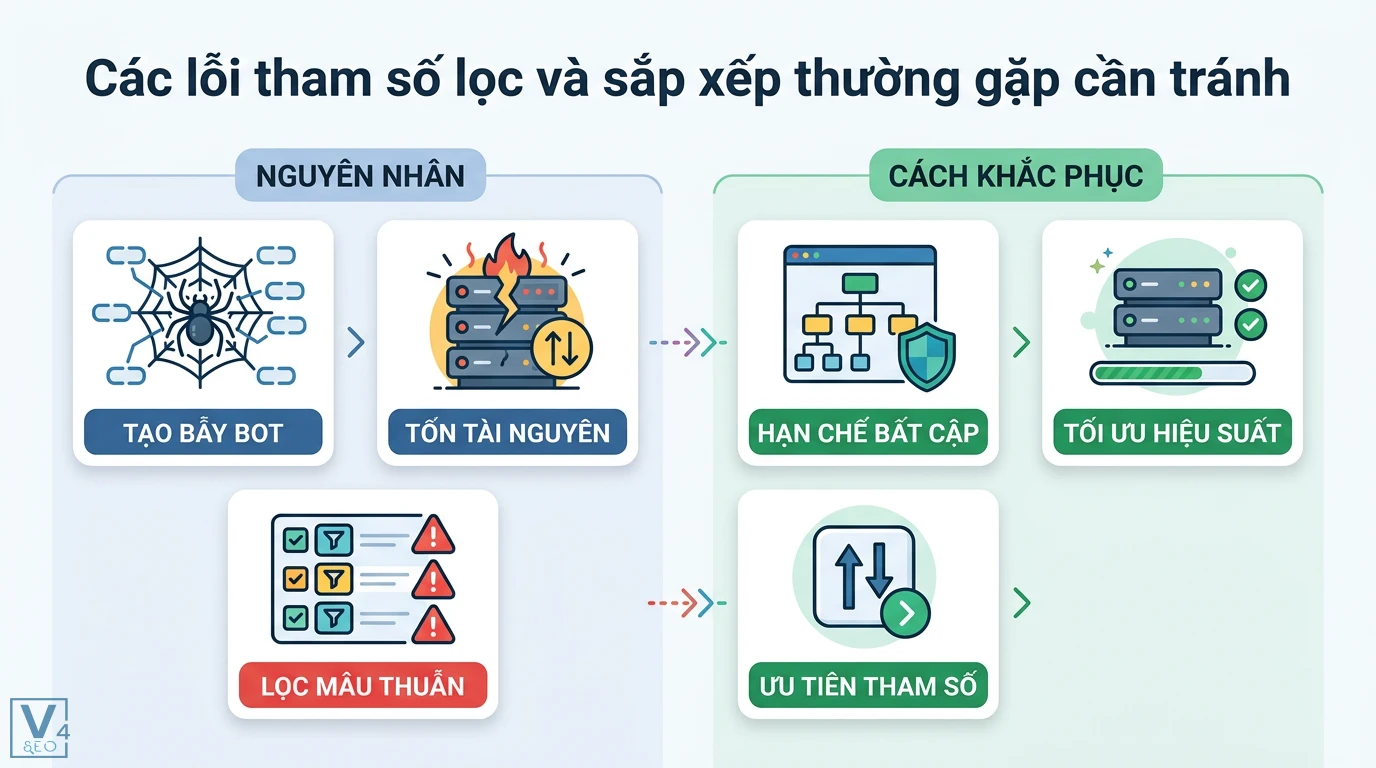 Tham số lọc/sắp xếp là gì? Hướng dẫn tối ưu URL cho SEO và API 3 Các lỗi tham số lọc và sắp xếp như tạo bẫy bot, tốn tài nguyên, lọc mâu thuẫn và cách khắc phục bằng việc ưu tiên tham số, tối ưu hiệu suất