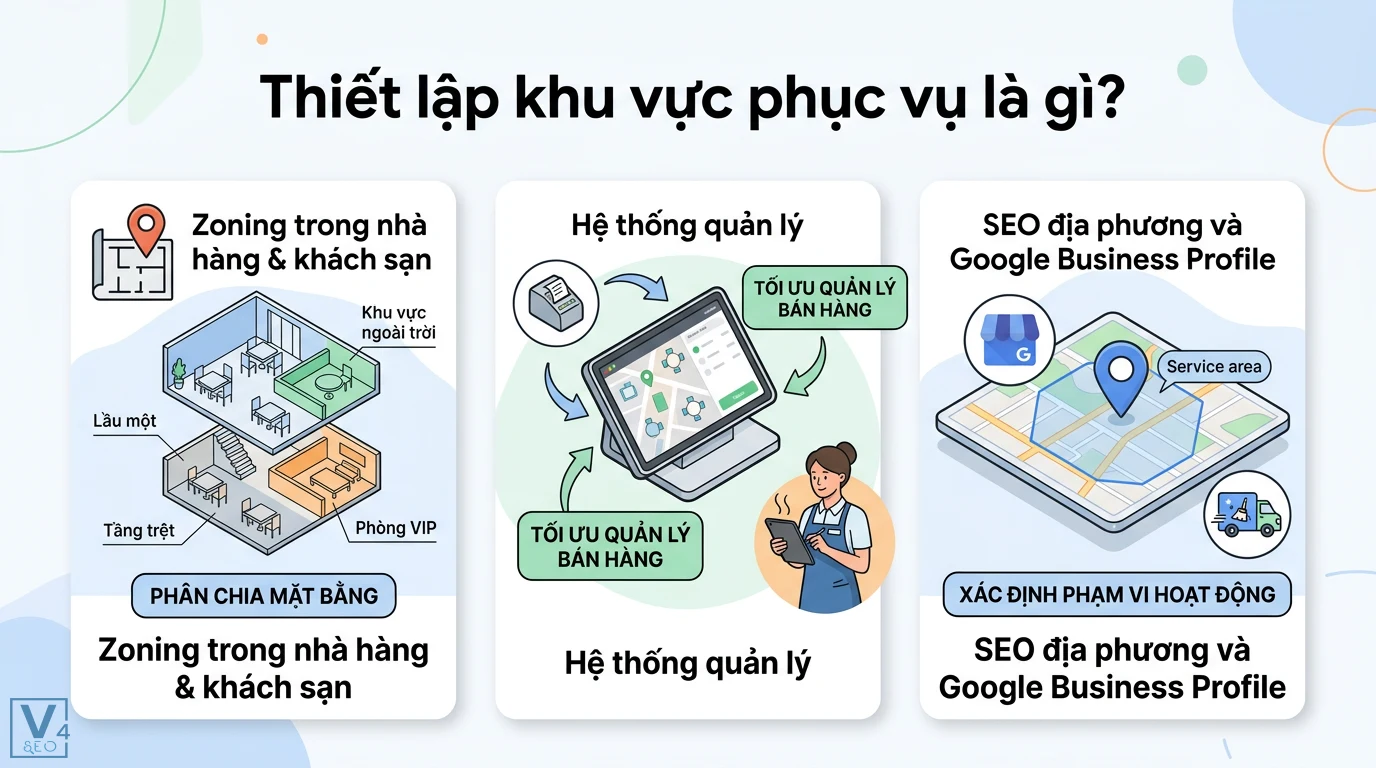 Thiết lập khu vực phục vụ là gì? Quy trình chuẩn F&B và Local SEO 1 Thiết lập khu vực phục vụ gồm zoning nhà hàng khách sạn, quản lý bán hàng và xác định phạm vi hoạt động trên Google Business Profile