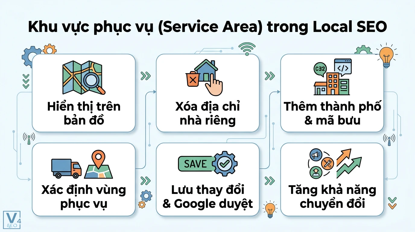 Thiết lập khu vực phục vụ là gì? Quy trình chuẩn F&B và Local SEO 2 Thiết lập Khu vực phục vụ trong Local SEO bằng cách xóa địa chỉ nhà riêng và thêm thành phố để tối ưu hiển thị bản đồ và tăng khả năng chuyển đổi