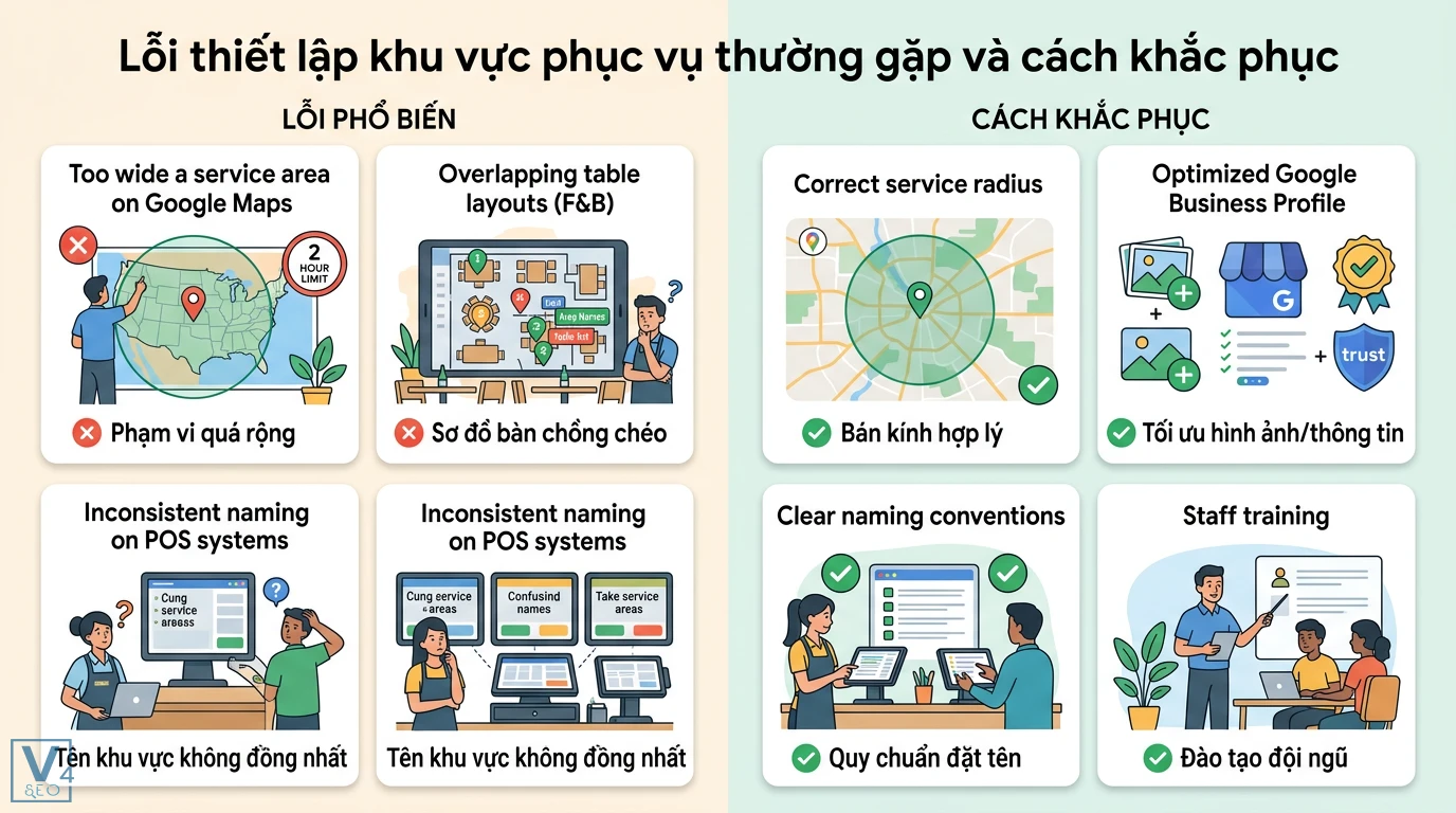 Thiết lập khu vực phục vụ là gì? Quy trình chuẩn F&B và Local SEO 3 Lỗi thiết lập khu vực phục vụ Google Maps quá rộng, tên POS không đồng nhất và giải pháp tối ưu hồ sơ doanh nghiệp, đào tạo đội ngũ