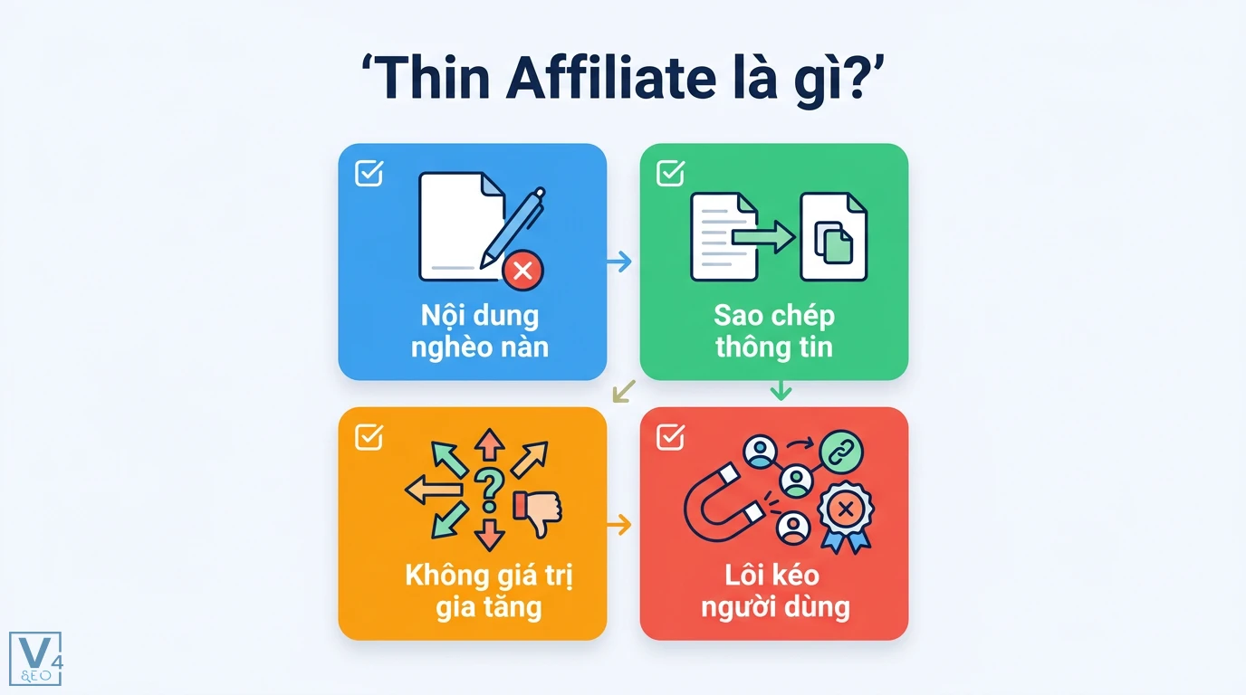 Thin affiliate là gì? Cách tạo nội dung giá trị để tránh án phạt 1 Thin affiliate là các trang nội dung nghèo nàn, sao chép thông tin, không giá trị gia tăng nhằm lôi kéo người dùng nhấp link nhận hoa hồng
