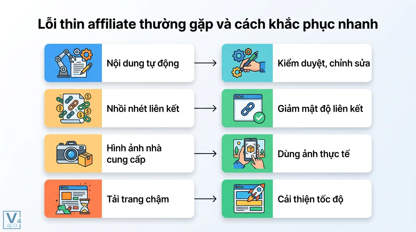 Thin affiliate là gì? Cách tạo nội dung giá trị để tránh án phạt 2 Lỗi thin affiliate và cách khắc phục bằng kiểm duyệt nội dung, giảm mật độ liên kết, dùng ảnh thực tế và cải thiện tốc độ tải trang