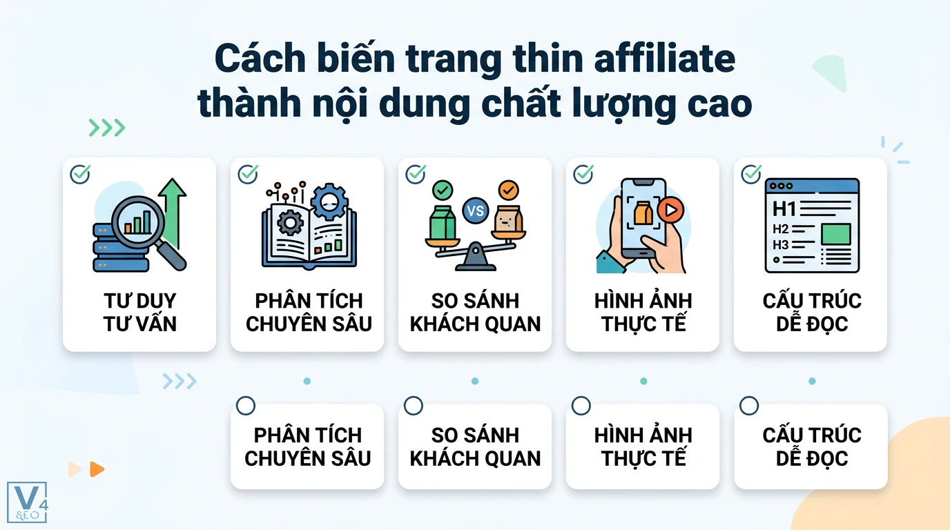 Thin affiliate là gì? Cách tạo nội dung giá trị để tránh án phạt 3 Nâng cấp thin affiliate thành nội dung chất lượng cao bằng tư duy tư vấn, phân tích chuyên sâu, so sánh khách quan và trải nghiệm thực tế
