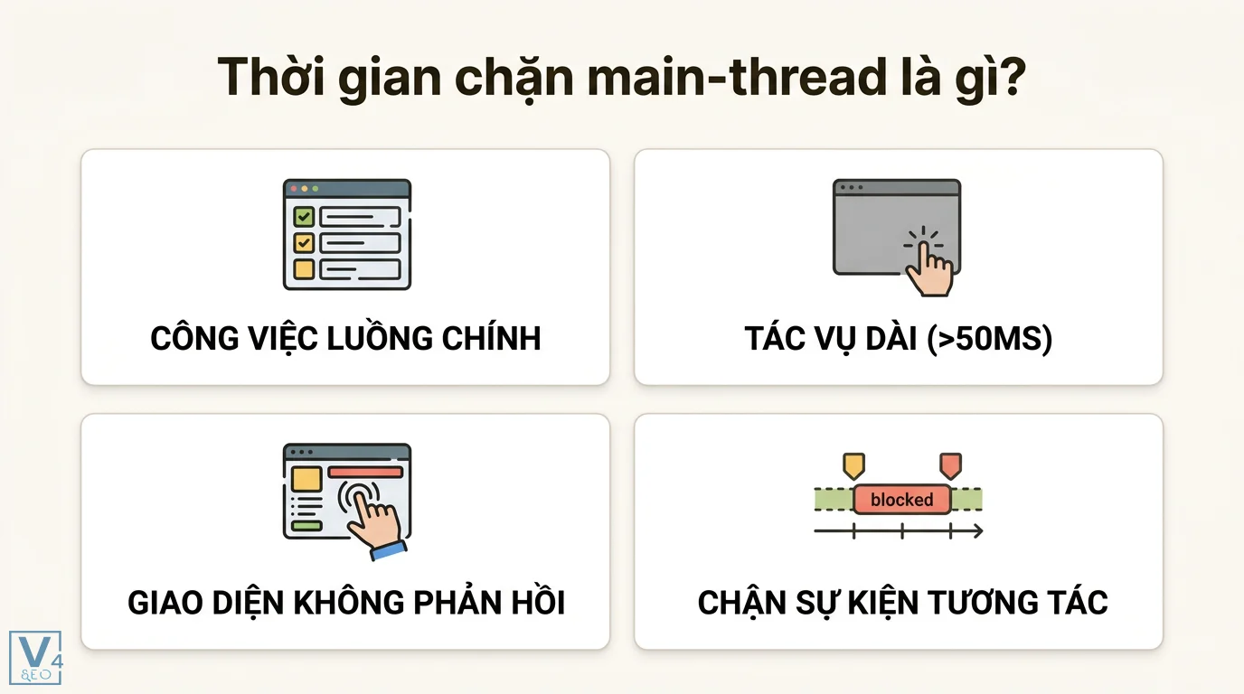 Thời gian chặn main-thread là gì? Cách tối ưu Long Tasks hiệu quả 1 Thời gian chặn main-thread khi tác vụ luồng chính dài trên 50ms làm giao diện không phản hồi và chặn các sự kiện tương tác từ người dùng