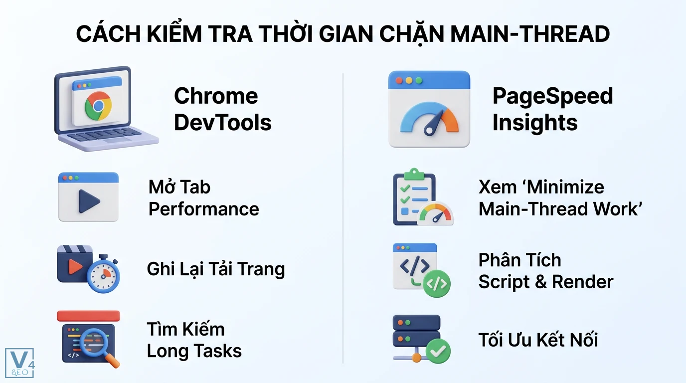 Thời gian chặn main-thread là gì? Cách tối ưu Long Tasks hiệu quả 2 Cách kiểm tra thời gian chặn main-thread qua Chrome DevTools tìm Long Tasks và PageSpeed Insights phân tích script để tối ưu hiệu năng