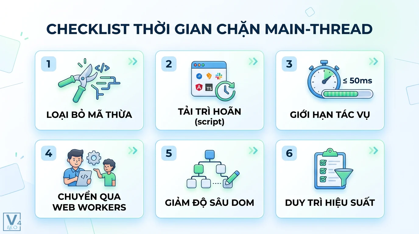 Thời gian chặn main-thread là gì? Cách tối ưu Long Tasks hiệu quả 3 Checklist tối ưu thời gian chặn main-thread gồm loại bỏ mã thừa, trì hoãn script, giới hạn tác vụ 50ms, dùng Web Workers và giảm độ sâu DOM