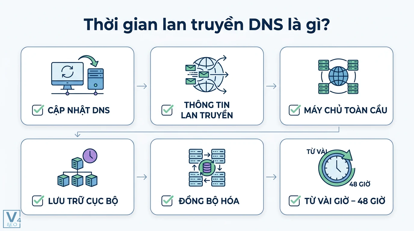 Thời gian DNS là gì? Giải mã TTL và quá trình lan truyền DNS 3 Thời gian lan truyền DNS cập nhật thông tin giữa các máy chủ toàn cầu và lưu trữ cục bộ thông qua quá trình đồng bộ hóa dữ liệu trong vòng 48 giờ