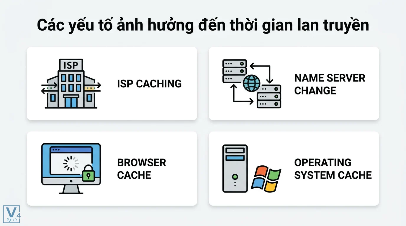 Thời gian DNS là gì? Giải mã TTL và quá trình lan truyền DNS 1 Các yếu tố ảnh hưởng đến thời gian lan truyền DNS gồm ISP Caching, thay đổi Name Server, Browser Cache và Operating System Cache