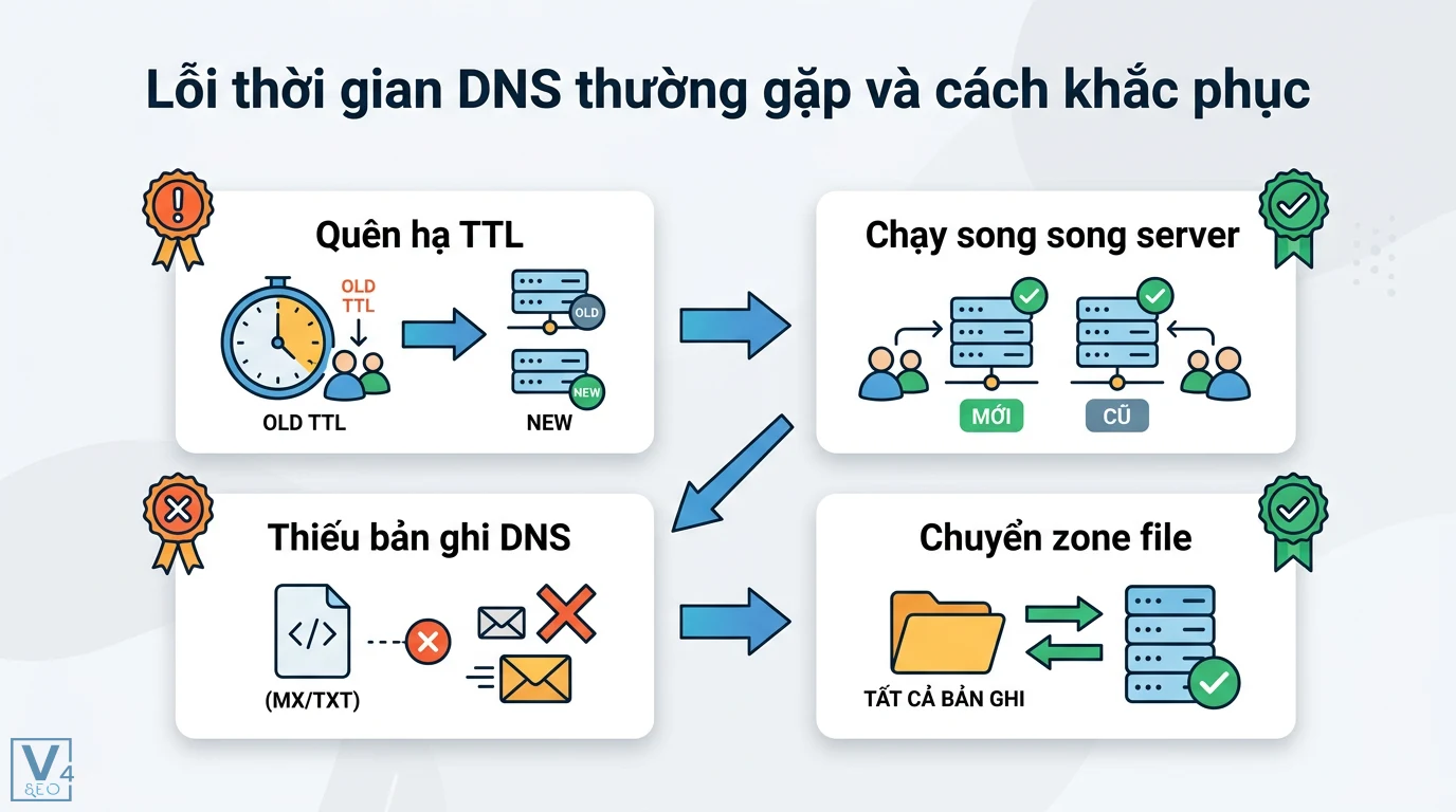 Thời gian DNS là gì? Giải mã TTL và quá trình lan truyền DNS 2 Khắc phục lỗi DNS khi quên hạ TTL bằng cách chạy song song máy chủ và xử lý thiếu bản ghi MX/TXT thông qua việc chuyển toàn bộ zone file