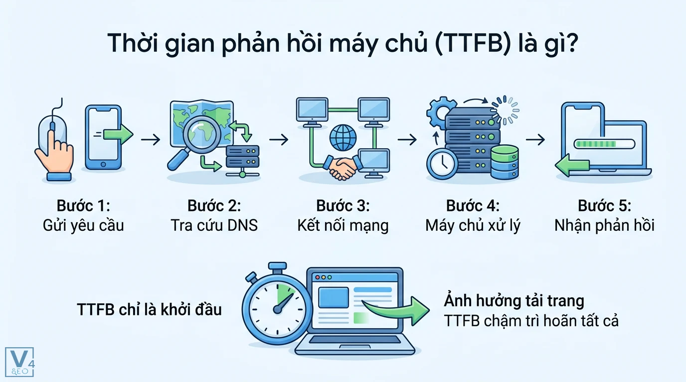 Thời gian phản hồi server là gì? Cách tối ưu TTFB dưới 200ms 1 Thời gian phản hồi máy chủ TTFB gồm gửi yêu cầu, tra cứu DNS, kết nối mạng, máy chủ xử lý, nhận phản hồi và tác động tới thời gian tải trang