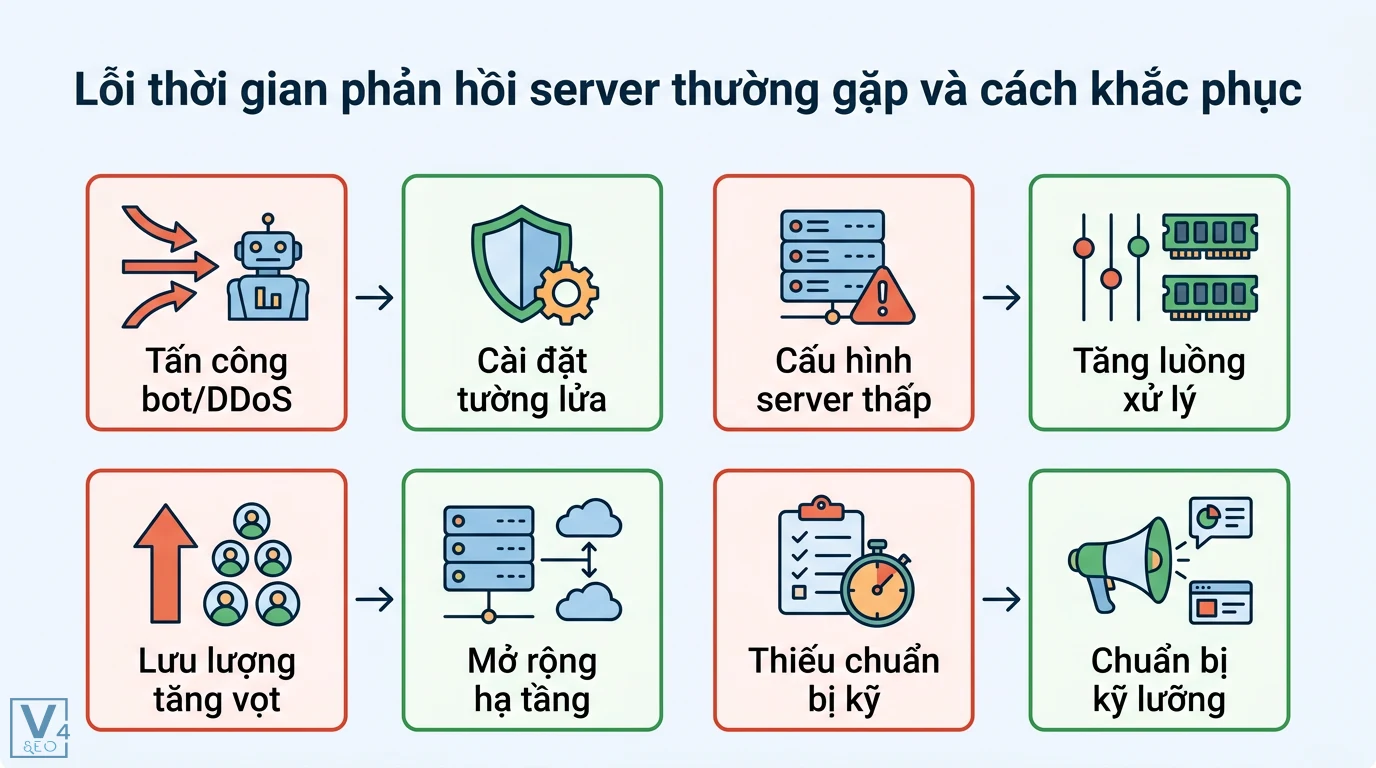 Thời gian phản hồi server là gì? Cách tối ưu TTFB dưới 200ms 3 Khắc phục lỗi thời gian phản hồi server bằng tường lửa chặn DDoS, tăng luồng xử lý, mở rộng hạ tầng và chuẩn bị kỹ khi lưu lượng truy cập tăng vọt