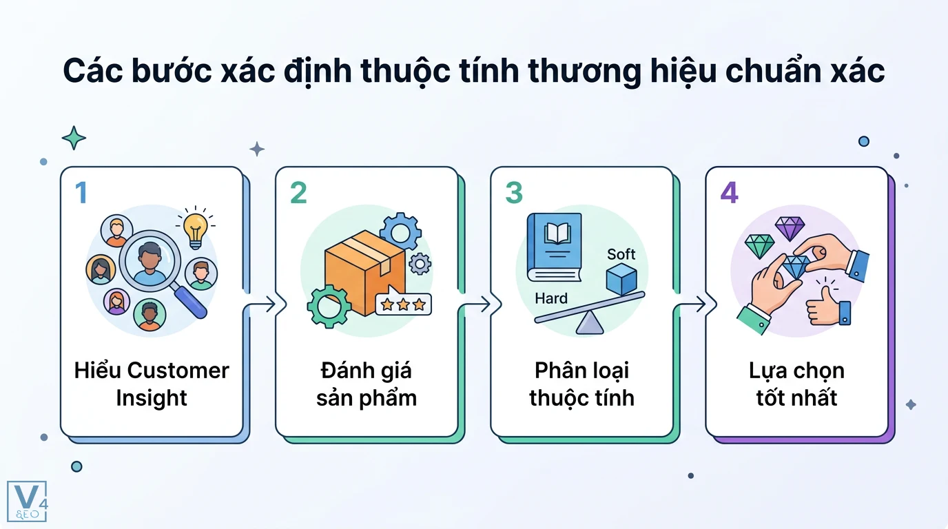Thuộc tính brand là gì? Cách xác định Hard và Soft Attributes 2 Các bước xác định thuộc tính thương hiệu gồm hiểu Customer Insight đánh giá sản phẩm phân loại và chọn lọc những thuộc tính tốt nhất
