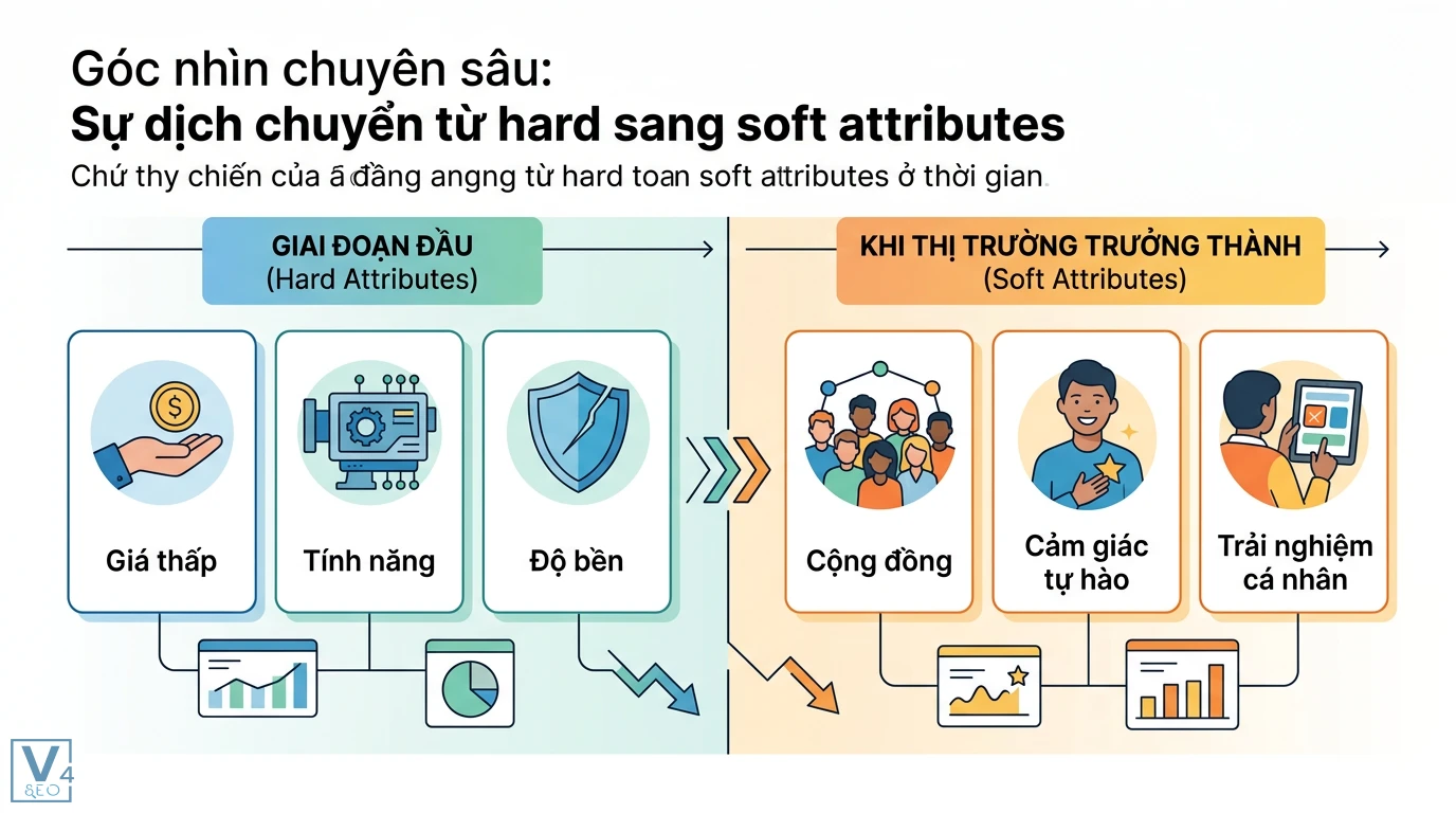 Thuộc tính brand là gì? Cách xác định Hard và Soft Attributes 3 Sự dịch chuyển từ hard sang soft attributes từ giá thấp, tính năng, độ bền sang cộng đồng, cảm giác tự hào và trải nghiệm cá nhân hóa