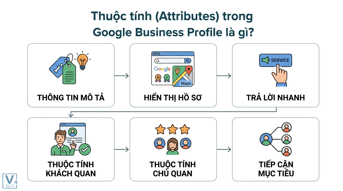 Thuộc tính GBP là gì? Cách tối ưu thuộc tính để tăng hạng Local SEO 1 Thuộc tính Google Business Profile hiển thị thông tin mô tả, trả lời nhanh qua thuộc tính khách quan và chủ quan để tiếp cận mục tiêu