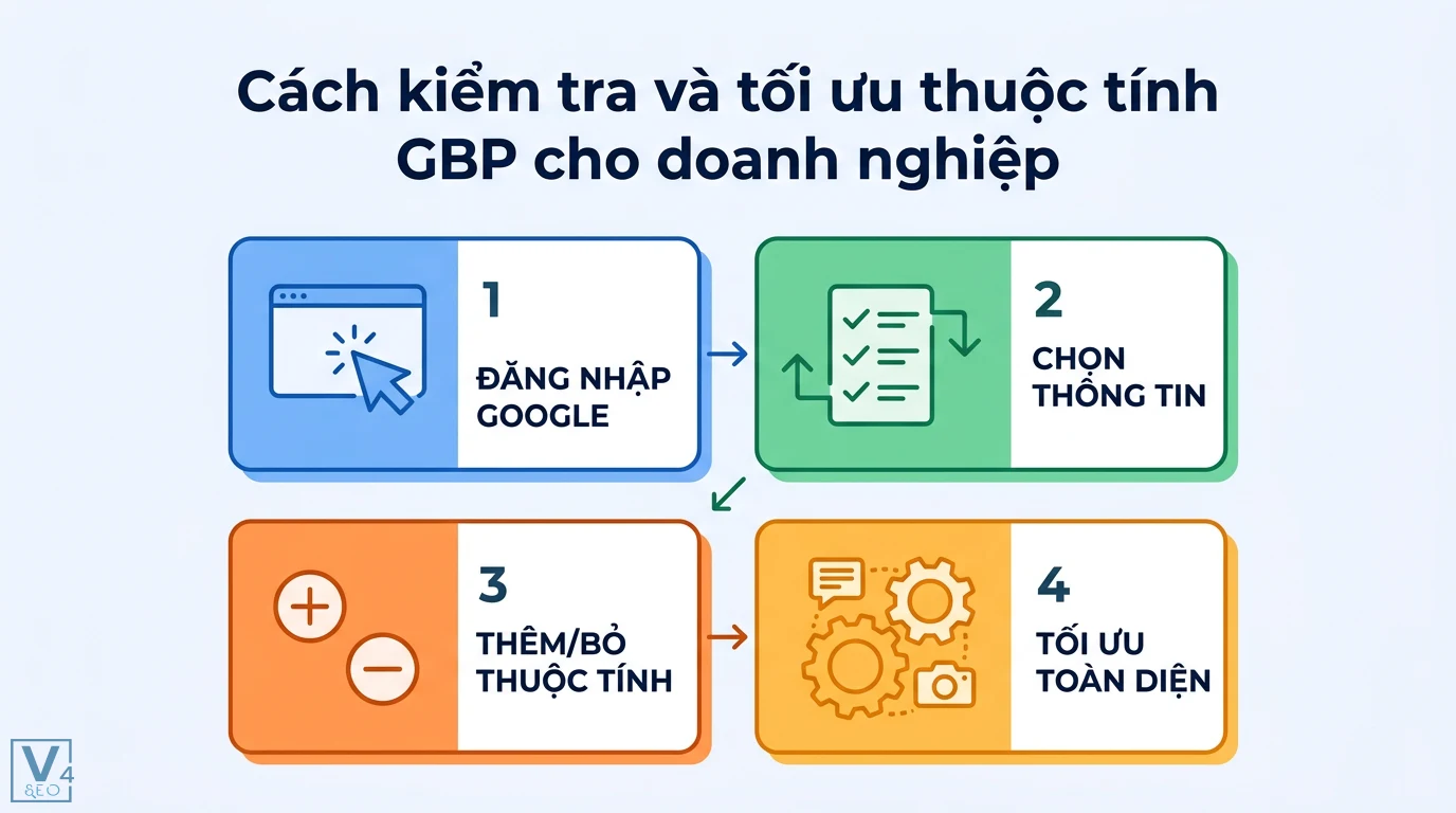 Thuộc tính GBP là gì? Cách tối ưu thuộc tính để tăng hạng Local SEO 2 Cách kiểm tra và tối ưu thuộc tính GBP qua 4 bước gồm đăng nhập Google, chọn thông tin doanh nghiệp, thêm/bỏ thuộc tính và tối ưu toàn diện