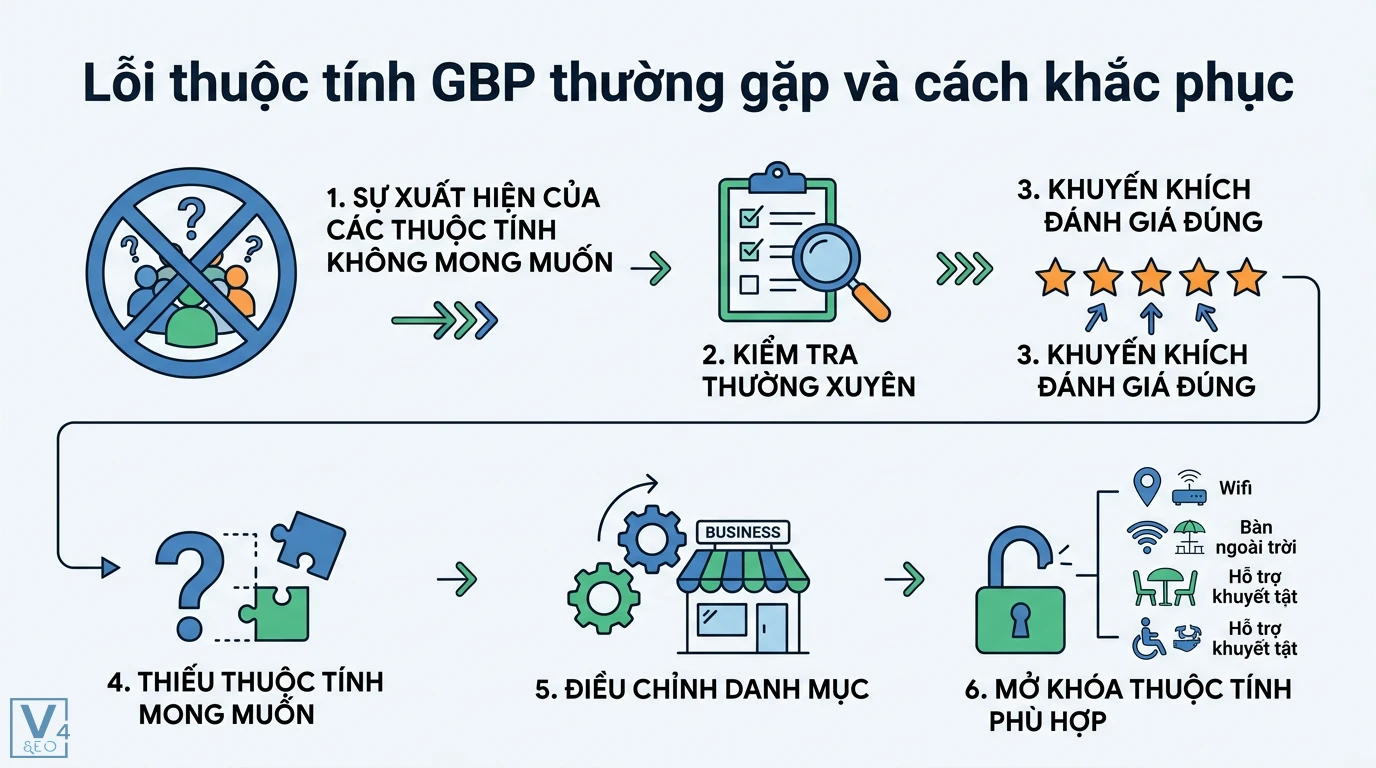Thuộc tính GBP là gì? Cách tối ưu thuộc tính để tăng hạng Local SEO 3 Cách khắc phục lỗi thuộc tính GBP qua kiểm tra thường xuyên, điều chỉnh danh mục kinh doanh và mở khóa các thuộc tính tiện ích phù hợp
