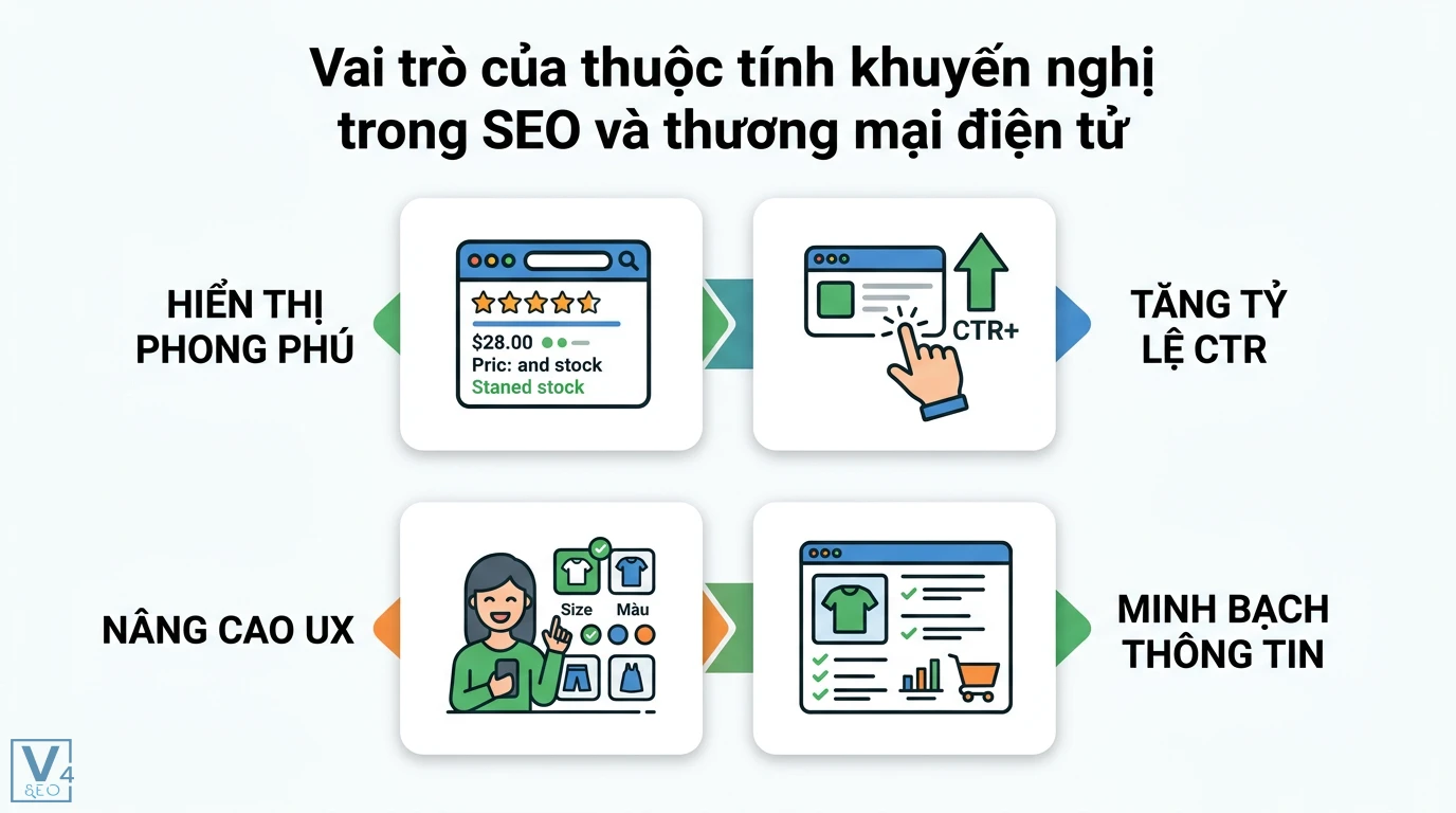 Thuộc tính khuyến nghị là gì? Vai trò trong SEO và E-commerce 1 Thuộc tính khuyến nghị giúp hiển thị phong phú, tăng tỷ lệ CTR, nâng cao UX và minh bạch thông tin sản phẩm trong thương mại điện tử