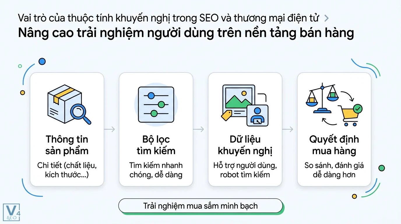 Thuộc tính khuyến nghị là gì? Vai trò trong SEO và E-commerce 2 Quy trình tối ưu thuộc tính khuyến nghị và thông tin sản phẩm giúp bộ lọc tìm kiếm hiệu quả nhằm nâng cao trải nghiệm mua sắm minh bạch