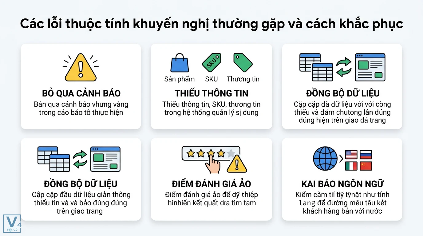 Thuộc tính khuyến nghị là gì? Vai trò trong SEO và E-commerce 3 Cách khắc phục các lỗi thuộc tính khuyến nghị như thiếu SKU, đồng bộ dữ liệu, đánh giá ảo và khai báo thuộc tính lang để tối ưu hóa SEO