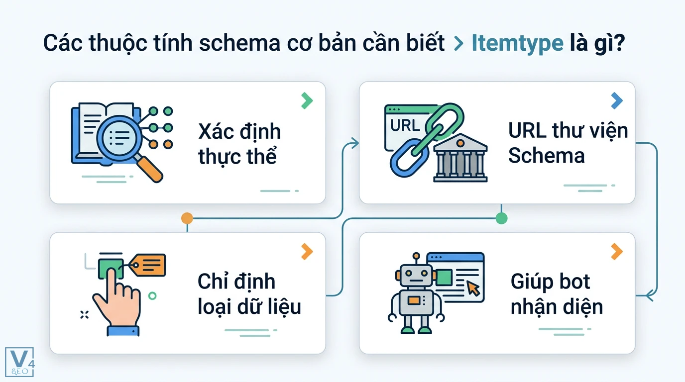 Thuộc tính schema là gì? Cách dùng itemscope và itemprop hiệu quả 2 Itemtype xác định thực thể qua URL thư viện Schema để chỉ định loại dữ liệu giúp bot tìm kiếm nhận diện nội dung website chính xác