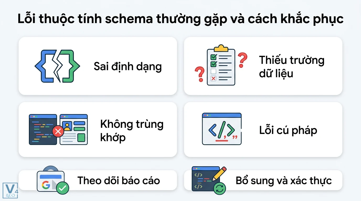 Thuộc tính schema là gì? Cách dùng itemscope và itemprop hiệu quả 3 Lỗi thuộc tính schema thường gặp gồm sai định dạng, thiếu dữ liệu, không trùng khớp, lỗi cú pháp và quy trình theo dõi báo cáo, xác thực mã