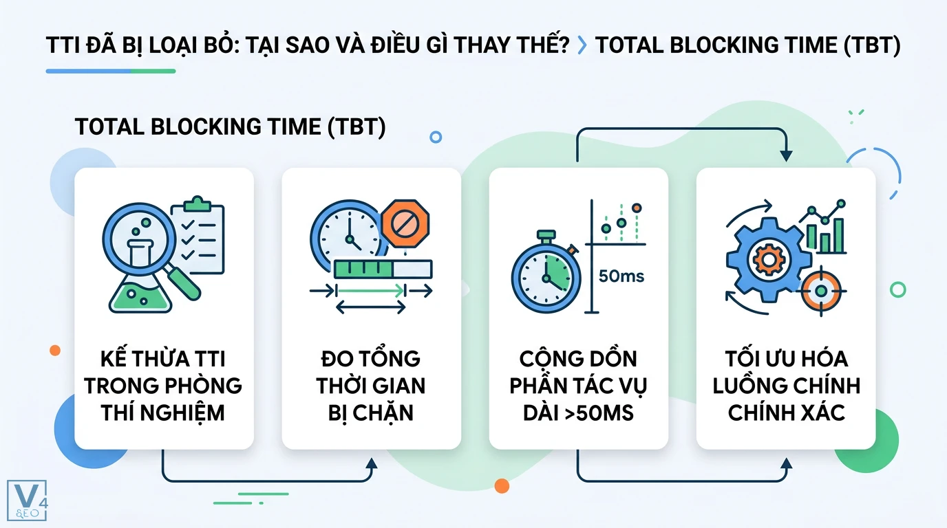Time to Interactive là gì? TTI bị loại bỏ và các chỉ số thay thế 2 TBT kế thừa TTI trong phòng thí nghiệm giúp đo tổng thời gian bị chặn và cộng dồn tác vụ dài trên 50ms để tối ưu hóa luồng chính chính xác