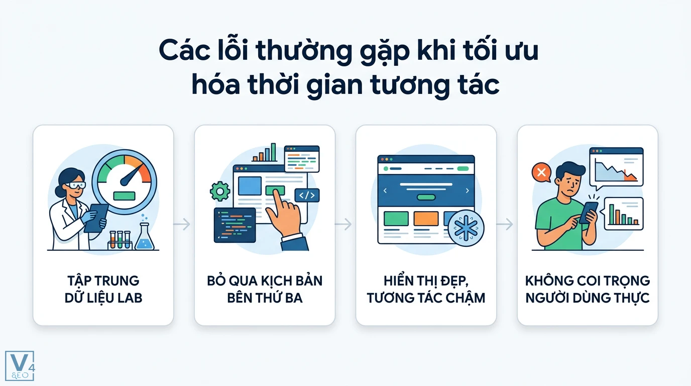 Time to Interactive là gì? TTI bị loại bỏ và các chỉ số thay thế 3 Các lỗi tối ưu hóa thời gian tương tác gồm lạm dụng dữ liệu Lab, bỏ qua kịch bản bên thứ ba và hiển thị đẹp nhưng phản hồi người dùng chậm