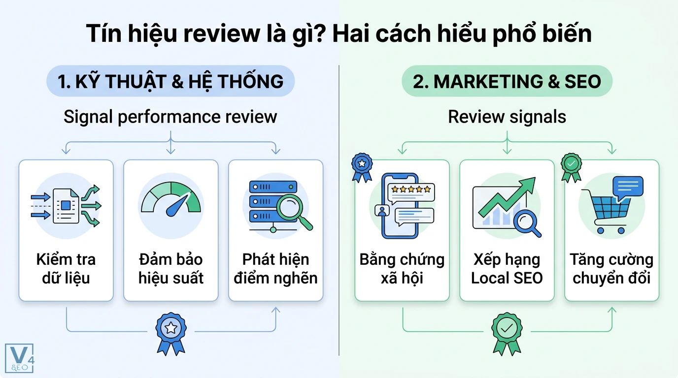 Tín hiệu review là gì? Ý nghĩa trong SEO và Signal Performance 1 Tín hiệu review gồm Signal performance review kỹ thuật hệ thống và Review signals Marketing giúp tăng xếp hạng Local SEO, bằng chứng xã hội