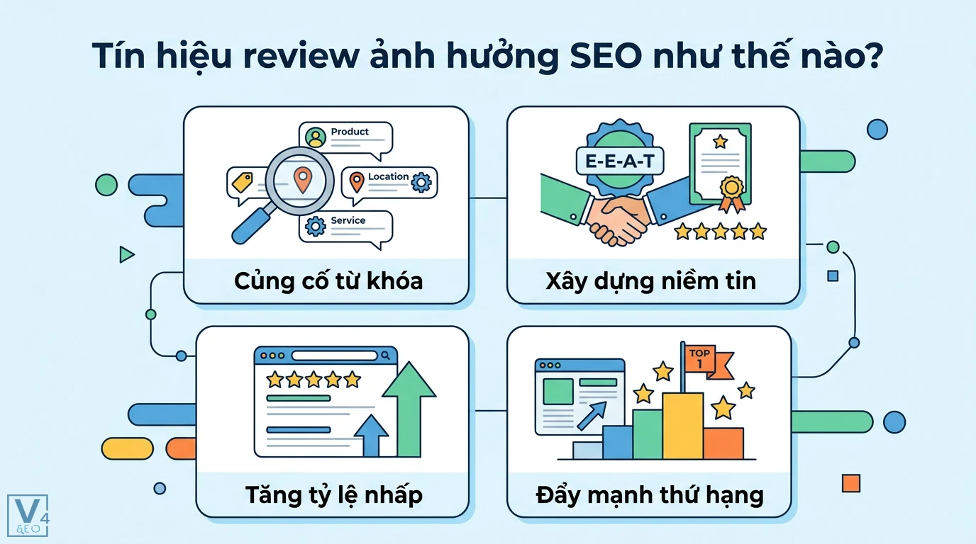 Tín hiệu review là gì? Ý nghĩa trong SEO và Signal Performance 2 Tín hiệu review củng cố từ khóa, xây dựng niềm tin E-E-A-T, tăng tỷ lệ nhấp CTR và đẩy mạnh thứ hạng website trên công cụ tìm kiếm
