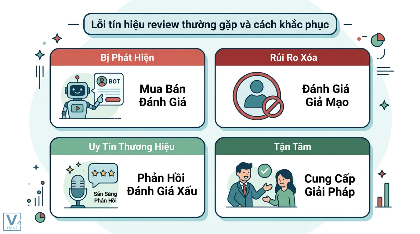 Tín hiệu review là gì? Ý nghĩa trong SEO và Signal Performance 3 Lỗi tín hiệu review thường gặp như mua bán đánh giá giả mạo và cách khắc phục bằng phản hồi đánh giá xấu, cung cấp giải pháp kịp thời