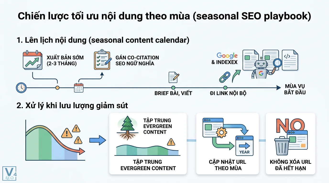 Tính mùa vụ search volume là gì? Quy trình tối ưu SEO theo mùa 2 Chiến lược tối ưu nội dung theo mùa gồm xuất bản sớm, đi link nội bộ và cập nhật URL thay vì xóa khi tập trung evergreen content lúc traffic giảm