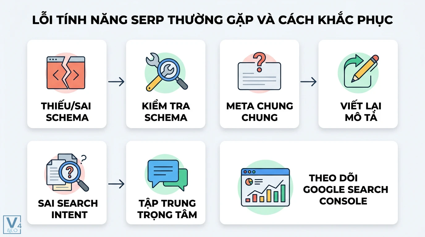 Tính năng SERP là gì? Hướng dẫn tối ưu Schema để tăng CTR vượt trội 3 Khắc phục lỗi tính năng SERP bằng cách kiểm tra Schema, tối ưu mô tả meta, bám sát Search Intent và theo dõi Google Search Console