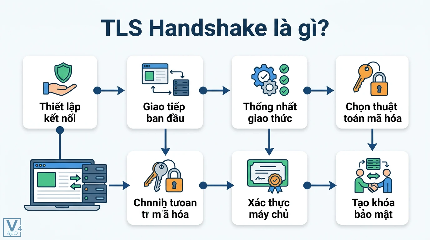 TLS handshake là gì? Quy trình 7 bước qua sơ đồ trực quan 1 Quy trình TLS handshake gồm thiết lập kết nối, thống nhất giao thức, chọn thuật toán mã hóa, xác thực máy chủ và tạo khóa bảo mật cho HTTPS