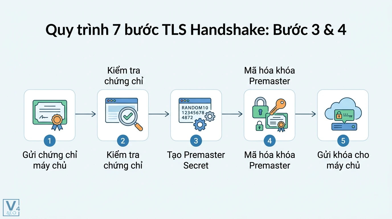 TLS handshake là gì? Quy trình 7 bước qua sơ đồ trực quan 2 Quy trình xác thực chứng chỉ máy chủ và tạo Premaster Secret mã hóa bằng Public Key gửi đến máy chủ trong bước 3 và 4 của TLS handshake