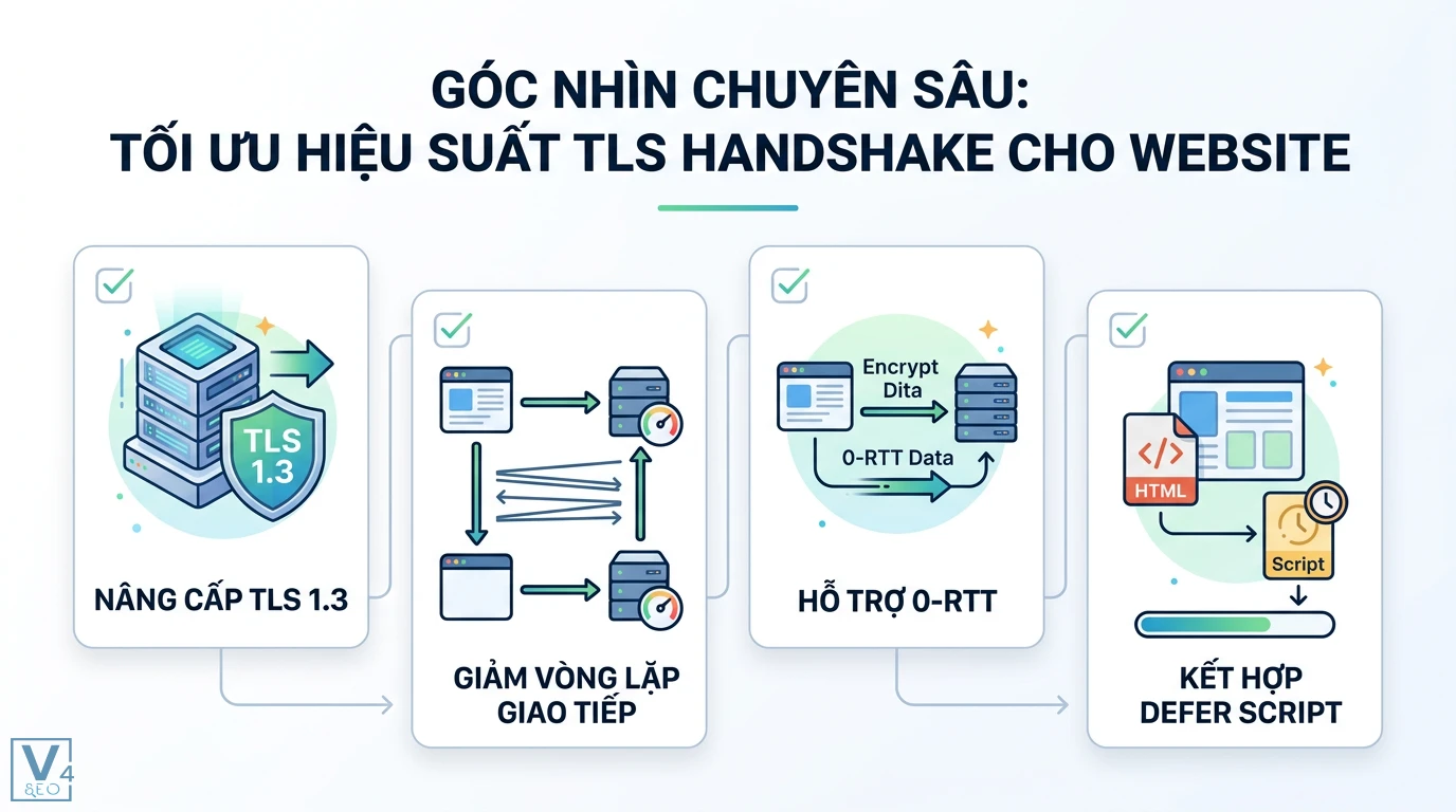 TLS handshake là gì? Quy trình 7 bước qua sơ đồ trực quan 3 Tối ưu TLS handshake bằng nâng cấp TLS 1.3, giảm vòng lặp giao tiếp, hỗ trợ 0-RTT và kết hợp defer script để tăng tốc độ tải trang hiệu quả