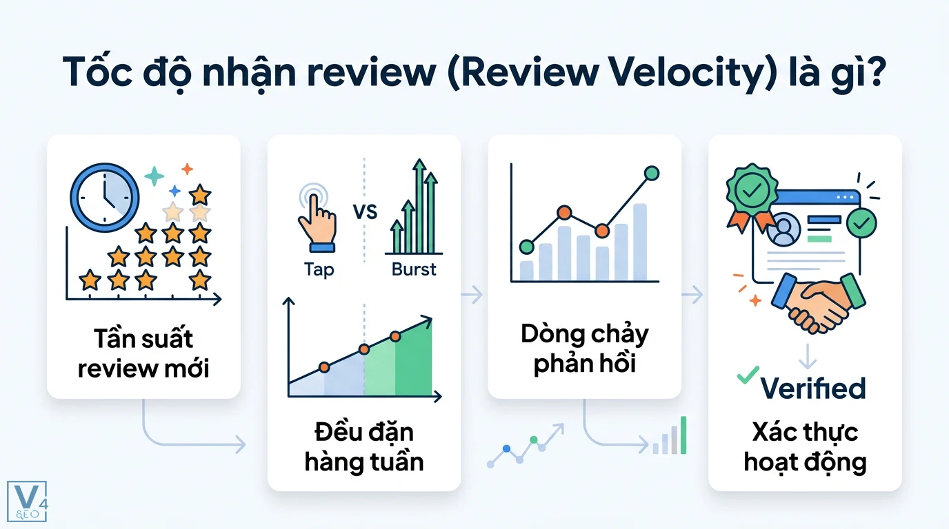 Tốc độ nhận review là gì? Ảnh hưởng của Review Velocity đến SEO 1 Tốc độ nhận review Review Velocity thể hiện tần suất đánh giá mới đều đặn và dòng chảy phản hồi giúp xác thực hoạt động thực tế doanh nghiệp