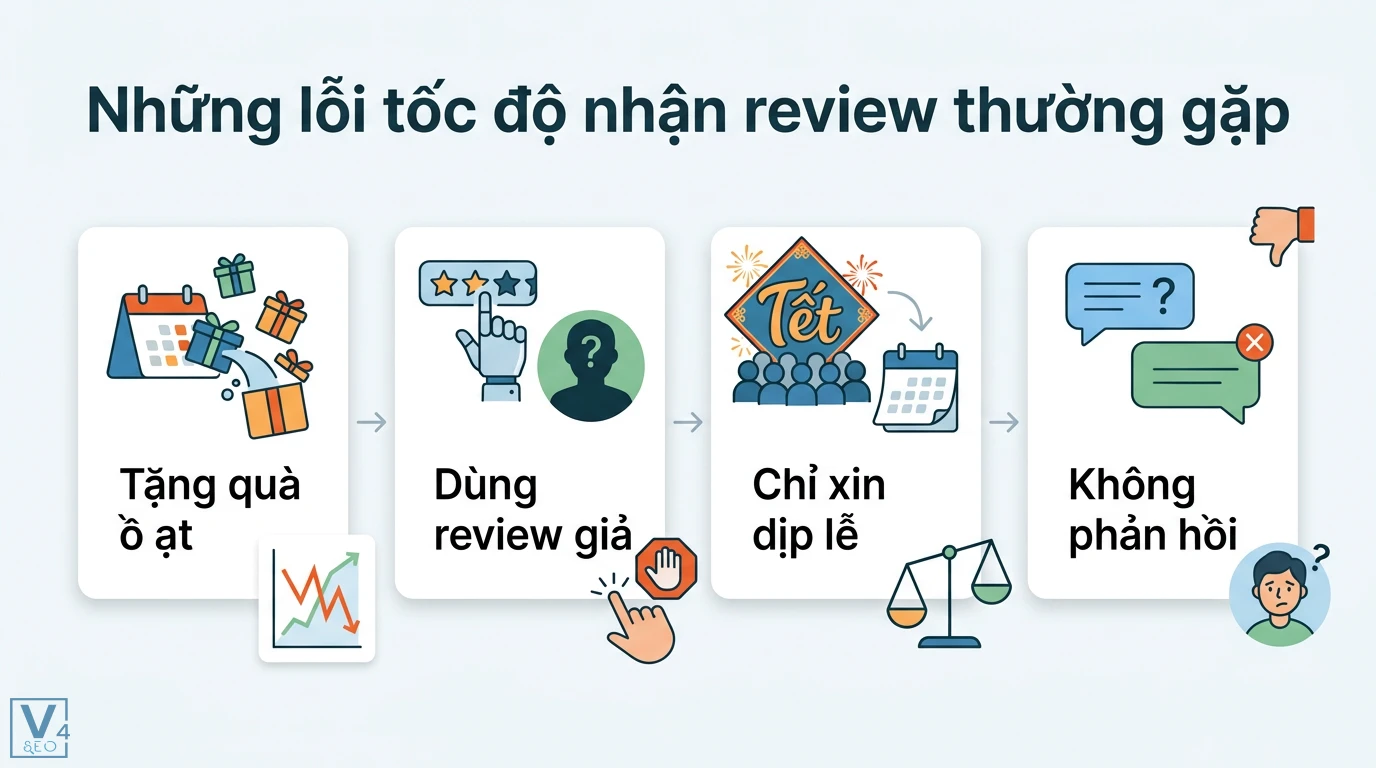 Tốc độ nhận review là gì? Ảnh hưởng của Review Velocity đến SEO 3 Những lỗi tốc độ nhận review gồm tặng quà ồ ạt, dùng review giả, chỉ xin dịp lễ và không phản hồi gây rủi ro bị Google xóa đánh giá
