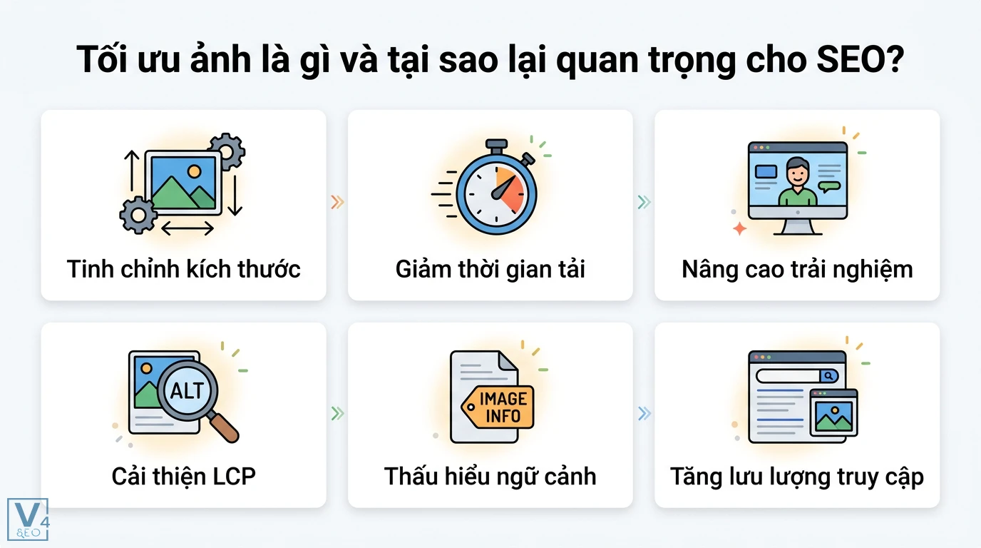 Tối ưu ảnh là gì? Hướng dẫn chuẩn SEO 2026 giúp tăng tốc LCP 1 Tối ưu ảnh cho SEO gồm tinh chỉnh kích thước, giảm thời gian tải, cải thiện LCP, thấu hiểu ngữ cảnh và tăng lưu lượng truy cập tự nhiên