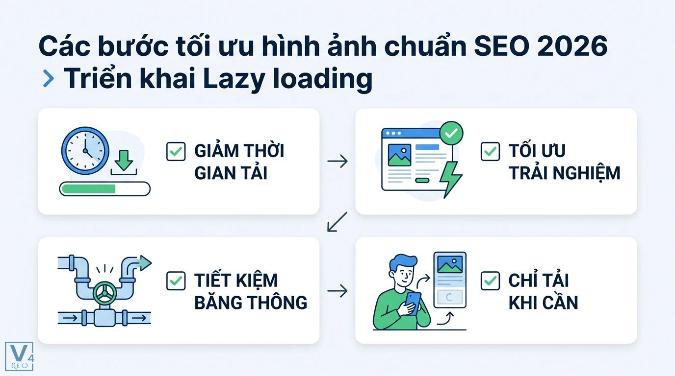 Tối ưu ảnh là gì? Hướng dẫn chuẩn SEO 2026 giúp tăng tốc LCP 2 Triển khai Lazy loading giúp giảm thời gian tải, tối ưu trải nghiệm, tiết kiệm băng thông và chỉ tải khi cần để tối ưu chuẩn SEO 2026