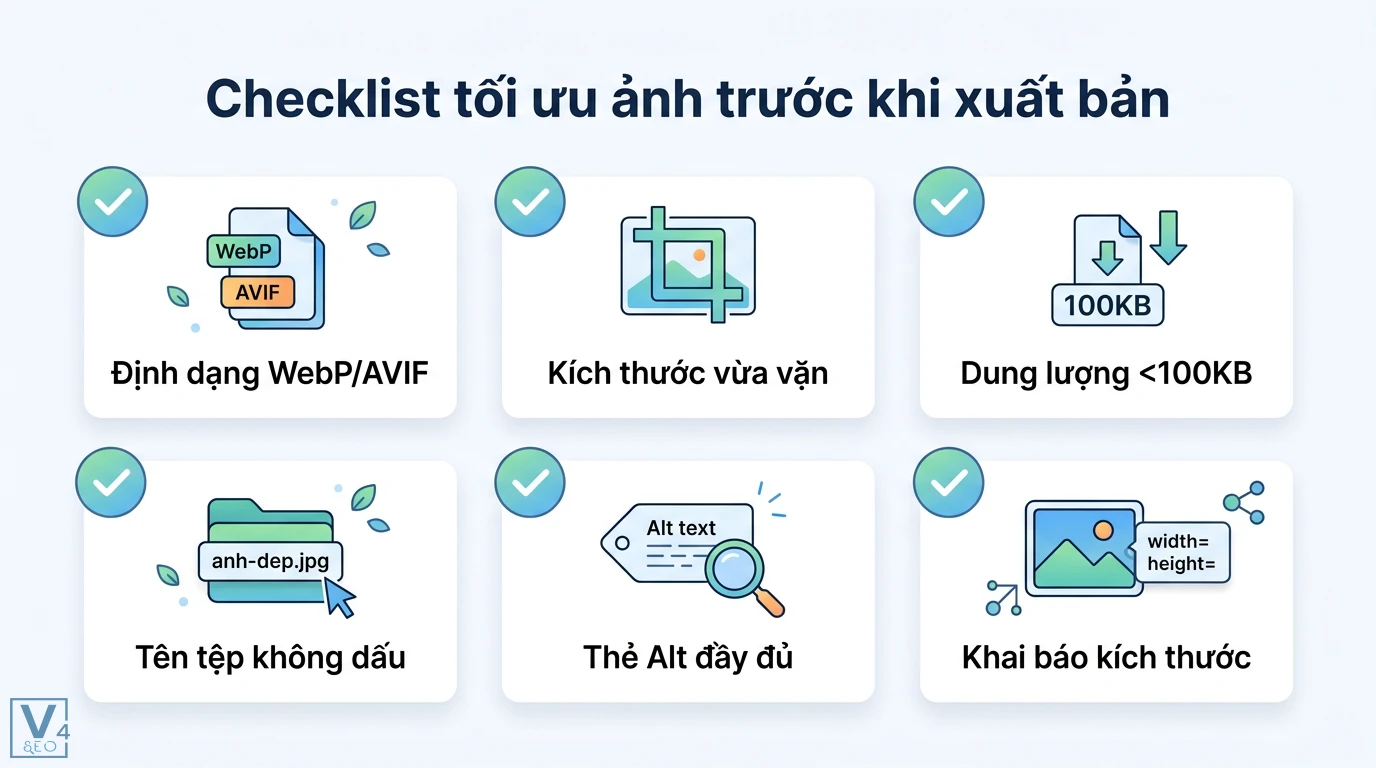 Tối ưu ảnh là gì? Hướng dẫn chuẩn SEO 2026 giúp tăng tốc LCP 3 Checklist tối ưu ảnh trước khi xuất bản với định dạng WebP, dung lượng dưới 100KB, tên tệp không dấu, thẻ Alt và khai báo kích thước