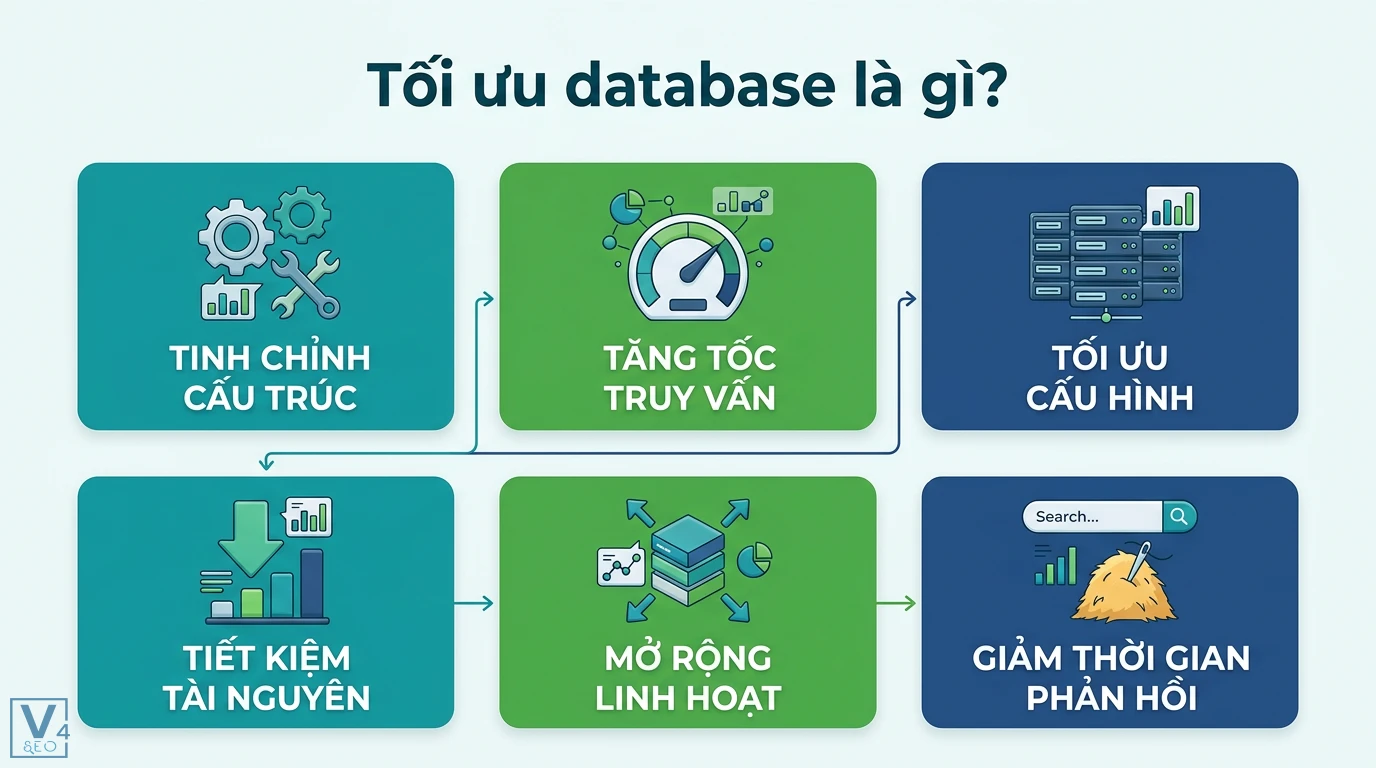 Tối ưu database là gì? Lộ trình chuẩn hóa hiệu năng từ A đến Z 1 Tối ưu database qua tinh chỉnh cấu trúc, tăng tốc truy vấn, tối ưu cấu hình, tiết kiệm tài nguyên, mở rộng linh hoạt và giảm thời gian phản hồi