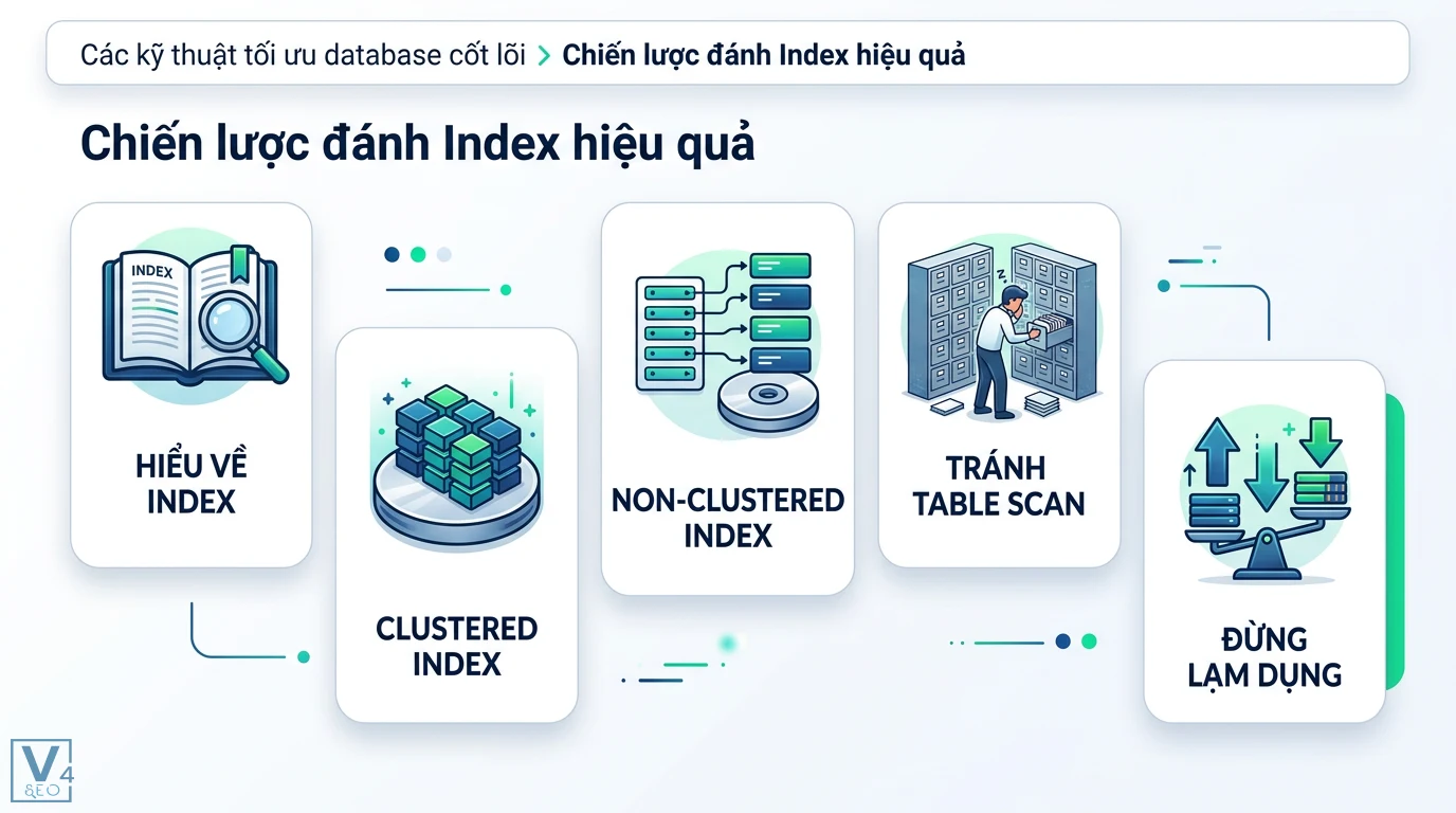 Tối ưu database là gì? Lộ trình chuẩn hóa hiệu năng từ A đến Z 2 Chiến lược đánh Index hiệu quả qua Clustered Index, Non-Clustered Index giúp hạn chế Table Scan và tối ưu số lượng chỉ mục cho database