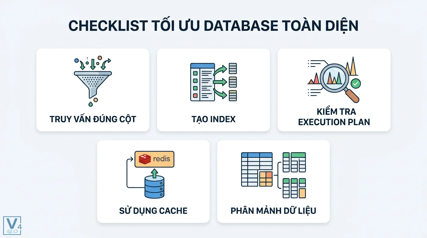 Tối ưu database là gì? Lộ trình chuẩn hóa hiệu năng từ A đến Z 3 Checklist tối ưu database toàn diện gồm truy vấn đúng cột, tạo Index, kiểm tra Execution Plan, sử dụng Redis Cache và phân mảnh dữ liệu