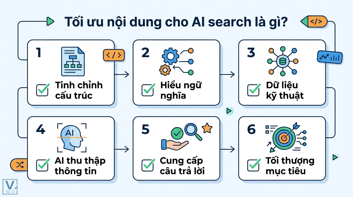 Tối ưu nội dung cho AI search là gì? Cách làm AIO chuẩn 2026 1 Tối ưu nội dung cho AI search qua tinh chỉnh cấu trúc, ngữ nghĩa, dữ liệu kỹ thuật để AI thu thập thông tin và cung cấp câu trả lời